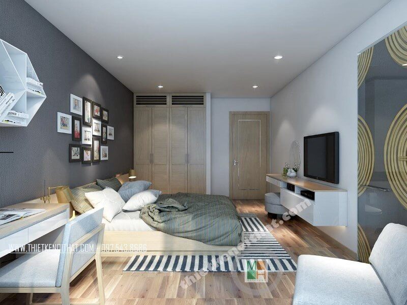 Trang trí phòng ngủ chung cư đẹp với các khung tranh nhỏ, gương trang trí kết hợp nội thất nhỏ gọn, tiện nghi